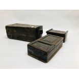 A GROUP OF ELABORATE ETHNIC HARDWOOD CARVED STORAGE BOXES / CONTAINERS.