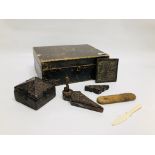 A GROUP OF ETHNIC HAND CARVED WOODEN SPICE BOXES, SMALL ELABORATE CARVED PANEL ETC.
