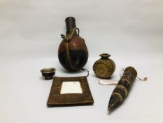 TWO ELABORATE ETHNIC WATER VESSELS MADE OF ANIMAL HIDE ALONG WITH AN ORIENTAL PICTURE FRAME OF