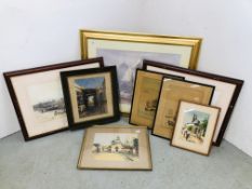 A GROUP OF 8 FRAMED WATERCOLOUR AND PRINTS TO INCLUDE BOATS IN A SETTLED SEA BEARING SIGNATURE R
