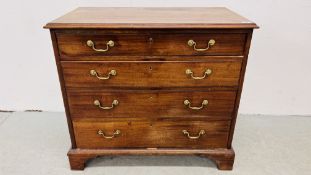 AN ANTIQUE MAHOGANY FOUR DRAWER CHEST OF DRAWERS WITH BRASS HANDLES, W 88CM, D 49CM, H 80CM.