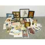 A BOX OF ASSORTED ORIENTAL FRAMED AND UNFRAMED PICTURES AND PRINTS TO INCLUDE A 3D EXAMPLE AND AN