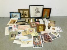 A BOX OF ASSORTED ORIENTAL FRAMED AND UNFRAMED PICTURES AND PRINTS TO INCLUDE A 3D EXAMPLE AND AN