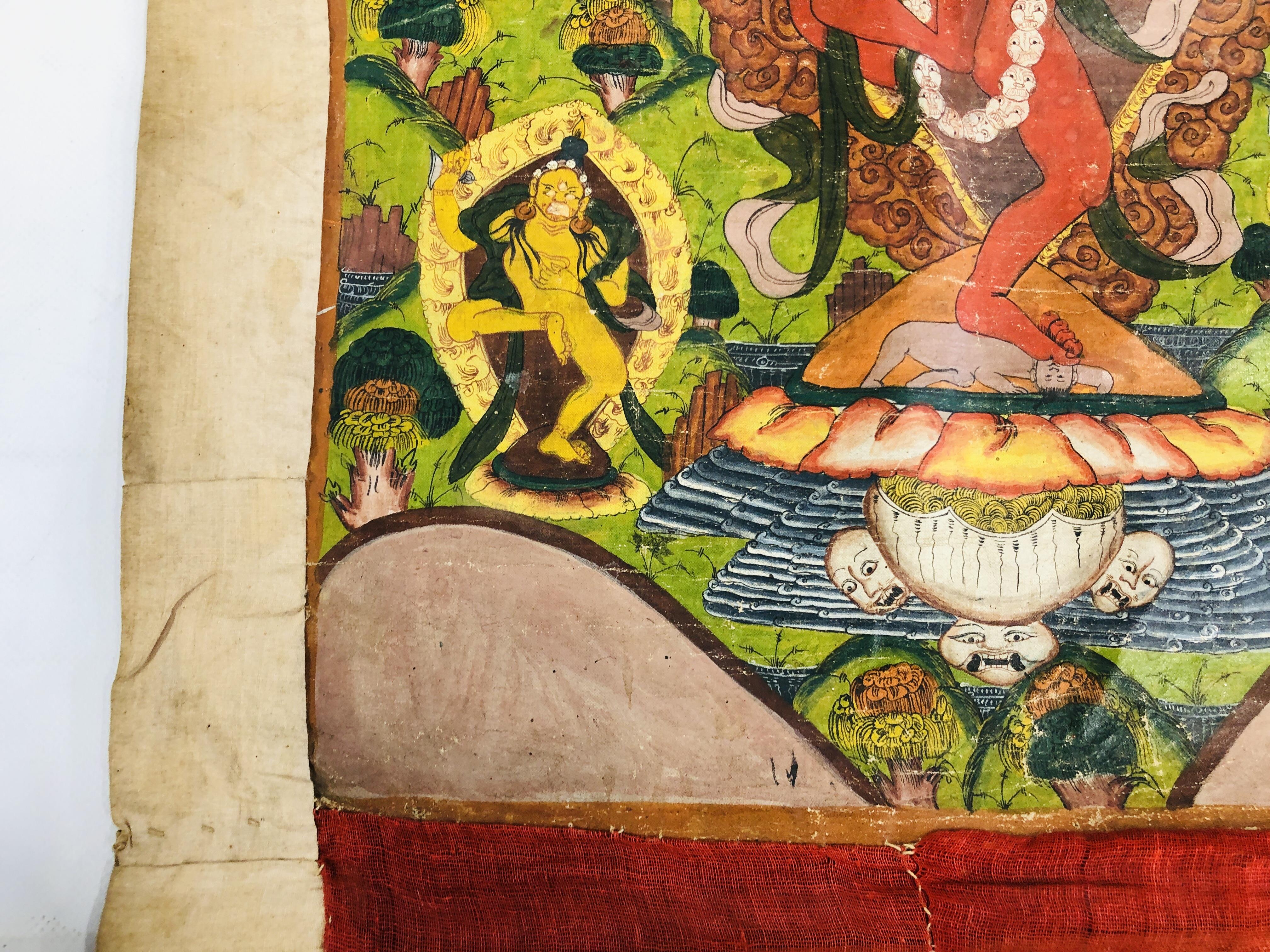 A TIBETAN THANGKA, DEPICTING CENTRAL DEITY SURROUNDED BY FURTHER FIGURES, PROBABLY YAMARAJA, - Image 13 of 17