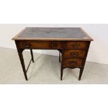 A SMALL EDWARDIAN MAHOGANY SINGLE PEDESTAL DESK WITH STRINGING INLAY AND INSET WRITING SURFACE W