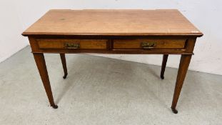 A MAHOGANY TWO DRAWER WRITING TABLE STANDING ON SQUARE TAPERED LEG W 115CM. D 53CM. H 75CM.