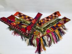 A GROUP OF 3 ETHNIC TRIBAL U SHAPED DOWRY HANGINGS TO INCLUDE EMBROIDERED,