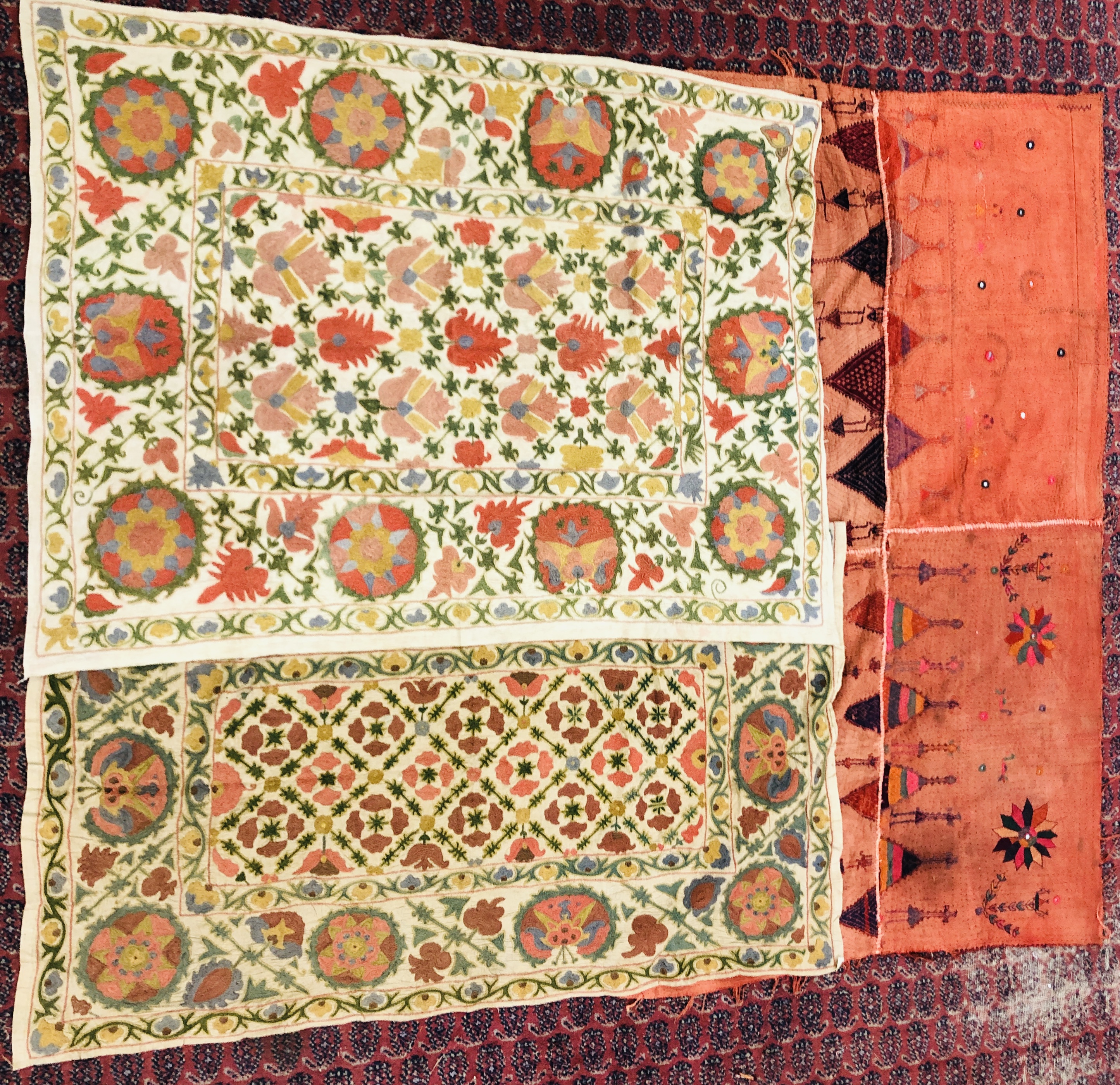 A GROUP OF THREE VINTAGE HAND CRAFTED EMBROIDERED NEEDLEWORK CLOTH PANELS TO INCLUDE A SHISHA