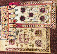 A GROUP OF THREE VINTAGE INDIAN STYLE HAND CRAFTED NEEDLEWORK PANELS TO INCLUDE SHISHA EXAMPLES.