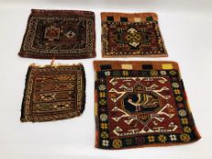 A GROUP OF FOUR SMALL BAGS TO INCLUDE VARIOUS REGIONS AND DESIGNS LARGEST 39 X 39CM.