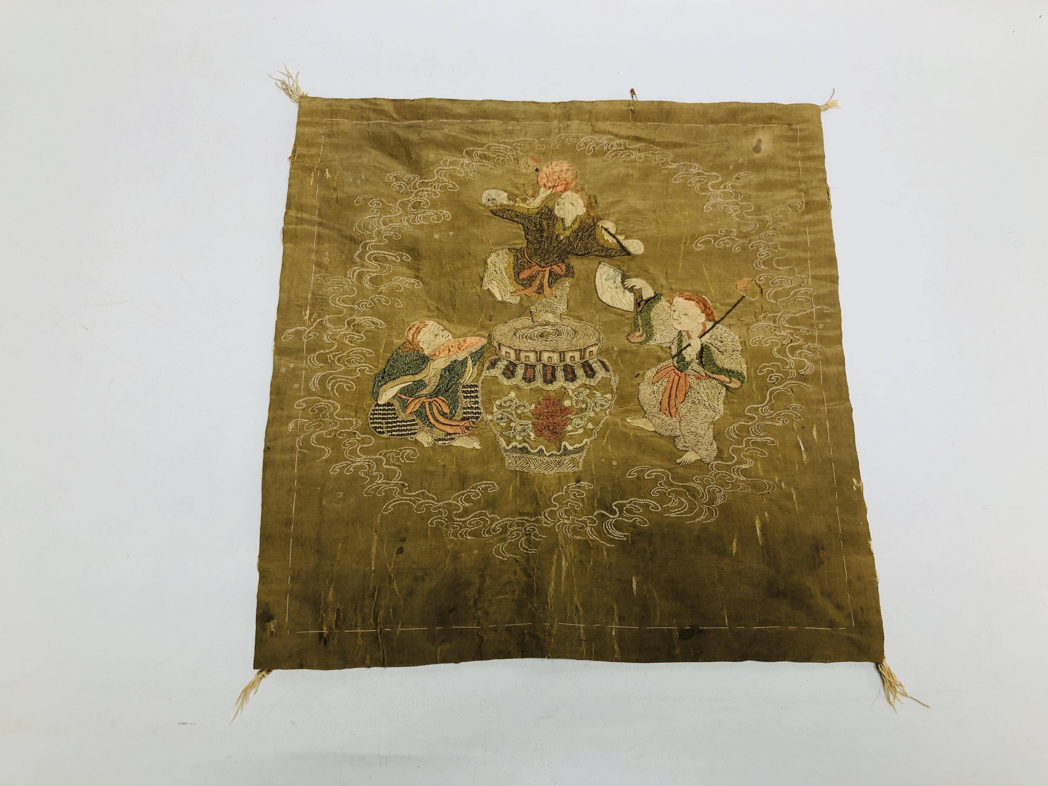 AN ANTIQUE JAPANESE SILK FUKUSA DEPICTING EMBROIDERED RED-HEADED SHOJO.