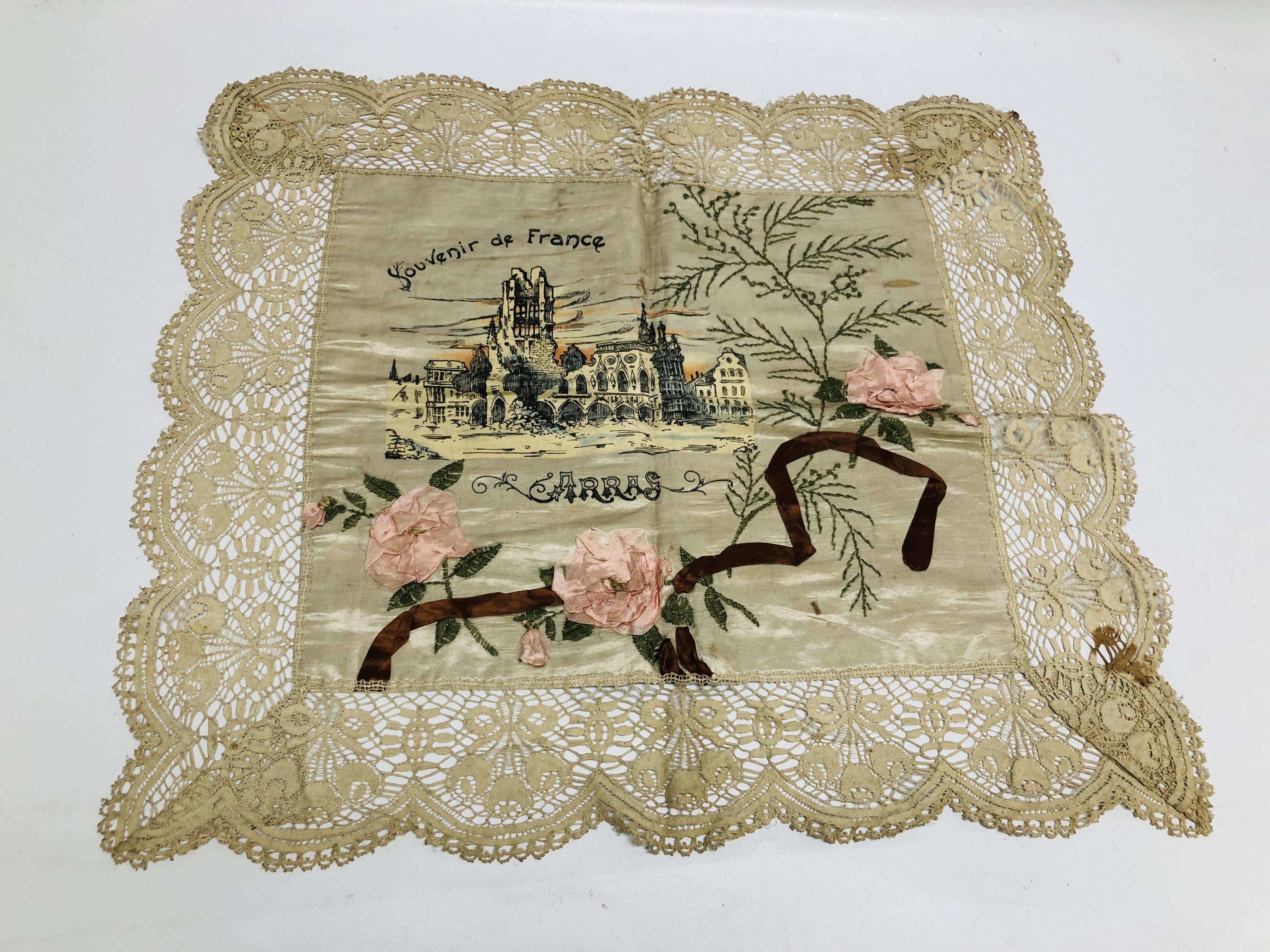 A 1920's FRENCH SILK SOUVENIR CLOTH, PRINTED WITH THE RUINS OF "ARRAS",