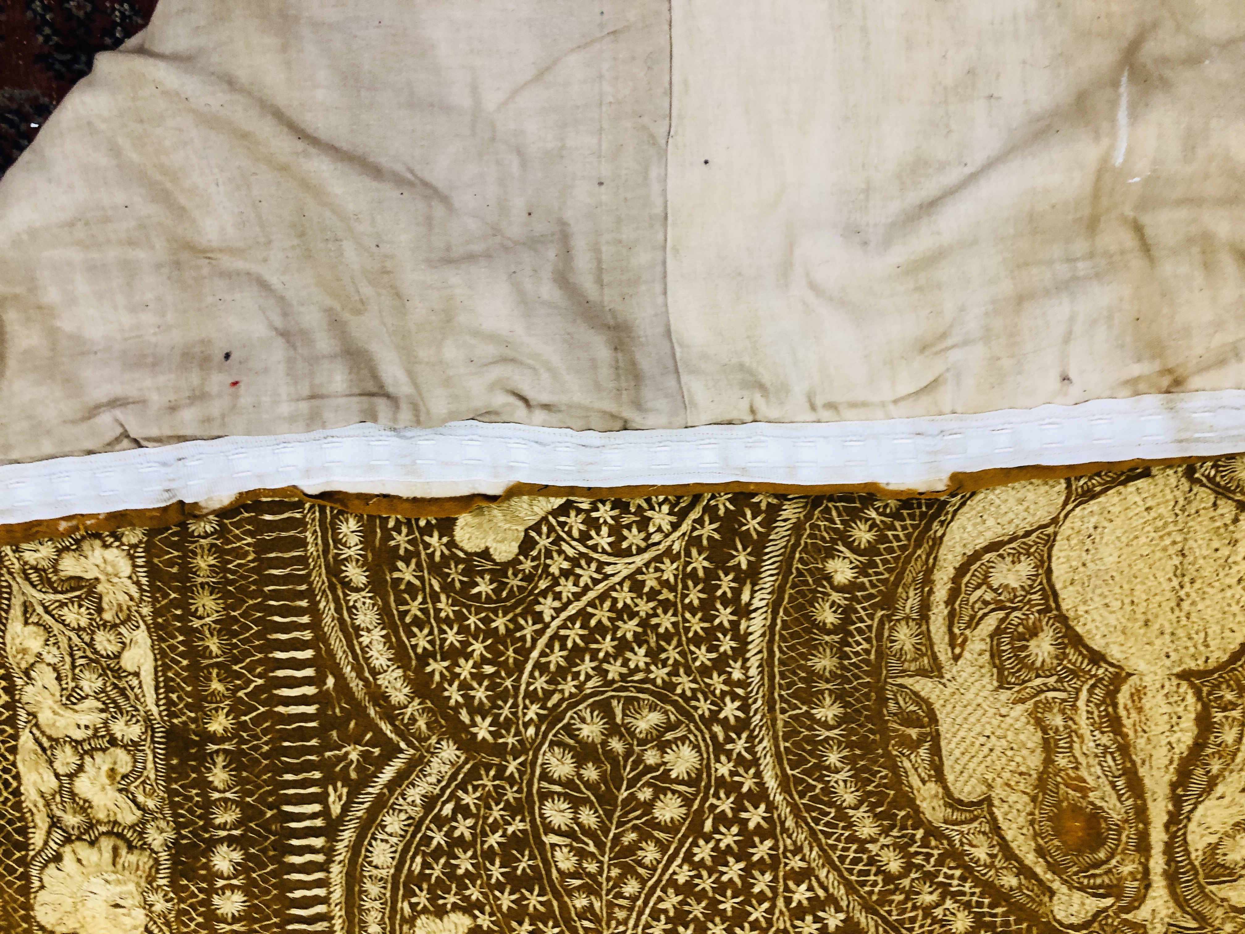 AN EMBROIDERED COTTON CLOTH WITH CENTRAL PALMATE SURROUNDED BY BIRDS AND LIONS, - Image 12 of 14