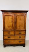 AN ANTIQUE LINEN PRESS WITH 3 SLIDES ABOVE A 2 OVER 2 DRAWER BASE - W 114CM. X D 54CM. X H 166CM.