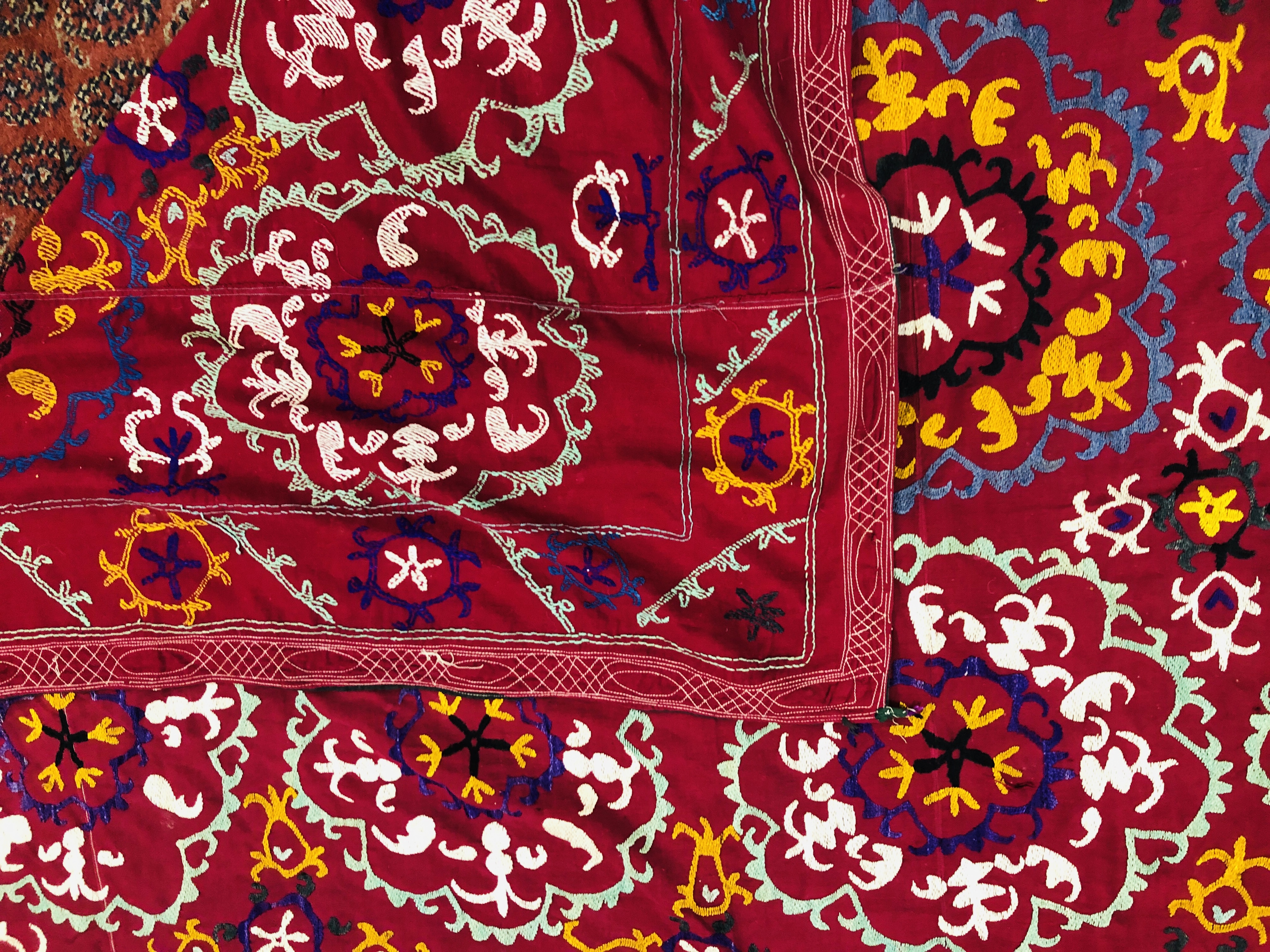 A SUZANI EMBROIDERED ON A PLUM FIELD, 180CM X 171CM. - Image 7 of 8