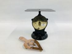 PAIR OF VINTAGE SALTER POSTAL PARCEL SCALES ALONG WITH AN ARTS AND CRAFTS COPPER AND BRASS STAND