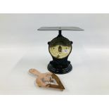 PAIR OF VINTAGE SALTER POSTAL PARCEL SCALES ALONG WITH AN ARTS AND CRAFTS COPPER AND BRASS STAND