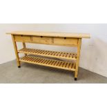 A MODERN SOLID BEECH WOOD 3 DRAWER WORK STATION WITH SLATTED SHELVES BELOW L 188CM. X D 41CM.