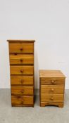 HONEY PINE 6 DRAWER TOWER CHEST W 43CM X D 54CM X H 116CM ALONG WITH A MODERN 3 DRAWER BEDSIDE