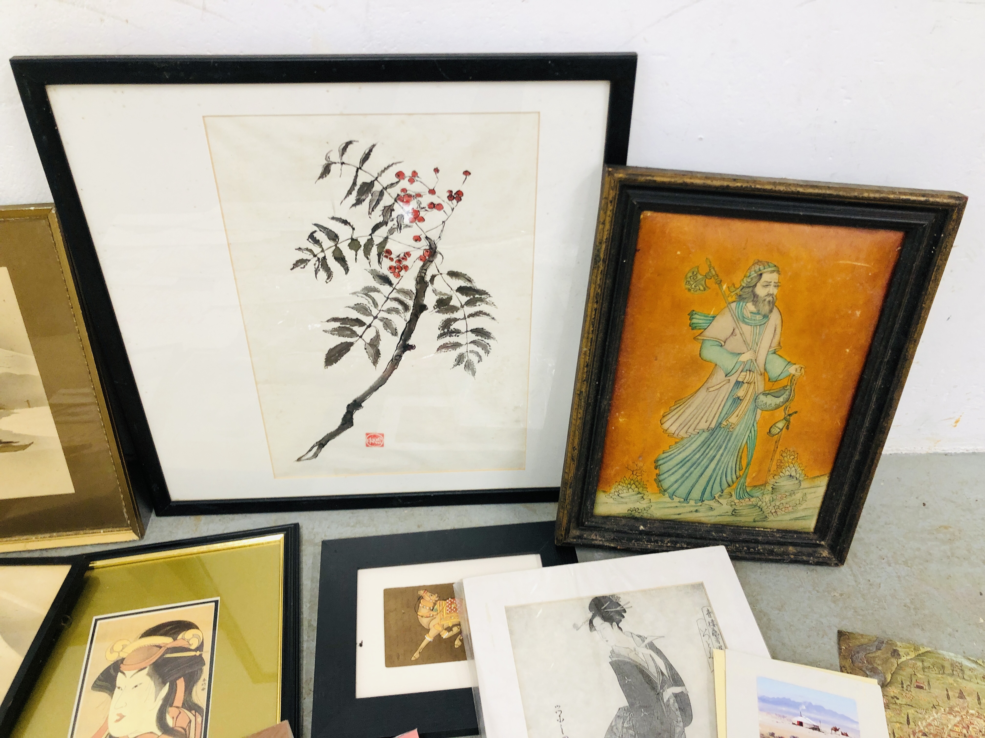 A BOX OF ASSORTED ORIENTAL FRAMED AND UNFRAMED PICTURES AND PRINTS TO INCLUDE A 3D EXAMPLE AND AN - Image 7 of 9