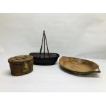 A VINTAGE WOVEN BAMBOO BASKET ALONG WITH A WOVEN WICKER TEA BASKET, METAL WORK HANDLES,