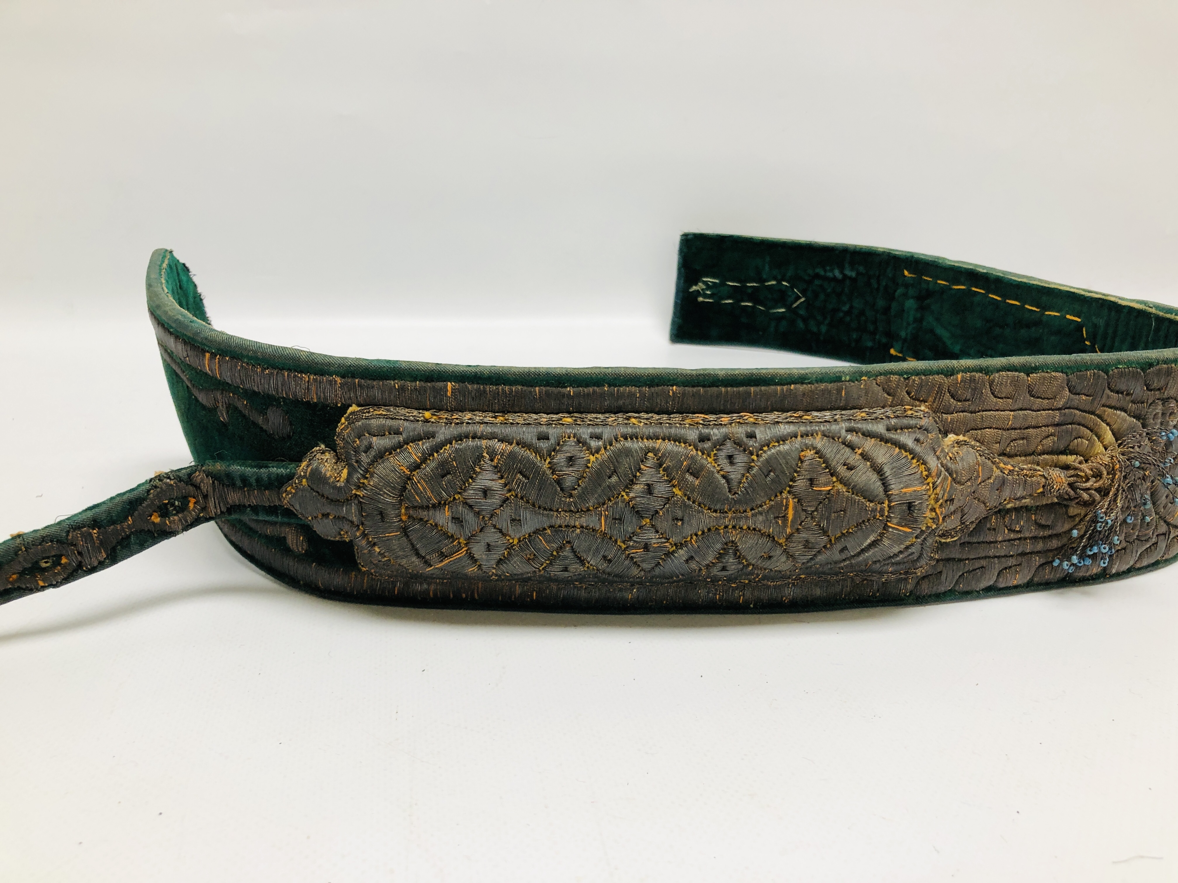 TWO MIDDLE EASTERN WOVEN BELTS ALONG WITH A VINTAGE METAL WORK THREADED PANEL - Image 10 of 11