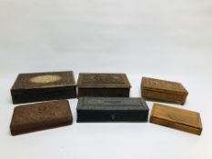 A COLLECTION OF 6 EASTERN STYLE BOXES TO INCLUDE HEAVILY CARVED HARDWOOD AND EBONY EXAMPLES ETC.