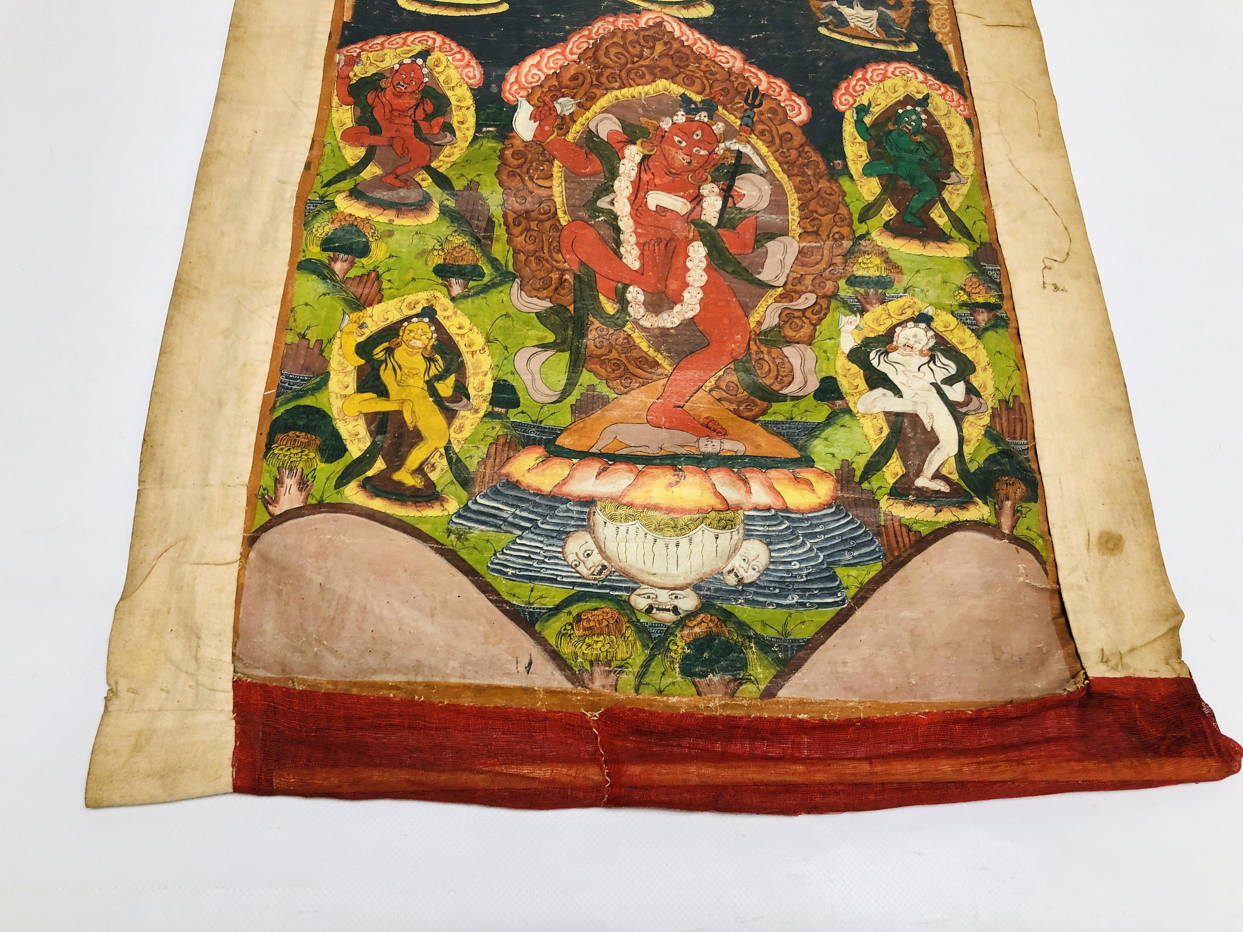 A TIBETAN THANGKA, DEPICTING CENTRAL DEITY SURROUNDED BY FURTHER FIGURES, PROBABLY YAMARAJA, - Image 5 of 17