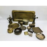 A BOX OF ASSORTED MIDDLE EASTERN AND ASIAN METAL WARE ARTIFACTS COMPRISING OF LIDDED CONTAINERS,