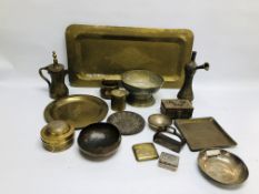 A BOX OF ASSORTED MIDDLE EASTERN AND ASIAN METAL WARE ARTIFACTS COMPRISING OF LIDDED CONTAINERS,