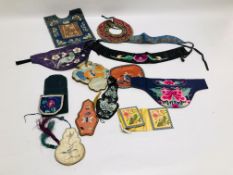 A GROUP OF VINTAGE ORIENTAL HAND CRAFTED SILK ITEMS TO INCLUDE HEAD DRESSES AND BAGS ALONG WITH