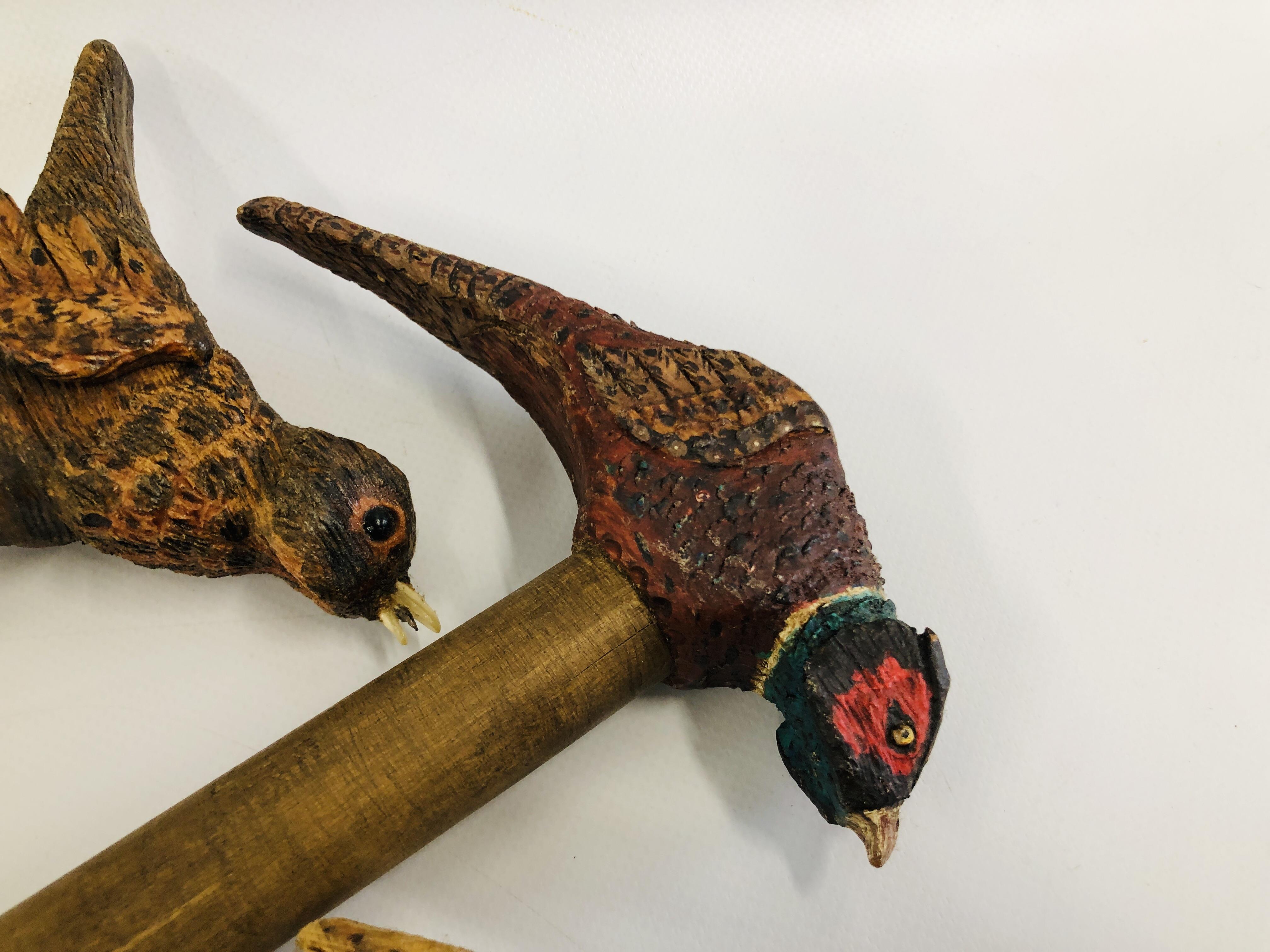 THREE HANDCARVED WALKING STICKS HAVING PHEASANTS AND SONGBIRD TO THE HANDLES. - Image 3 of 6