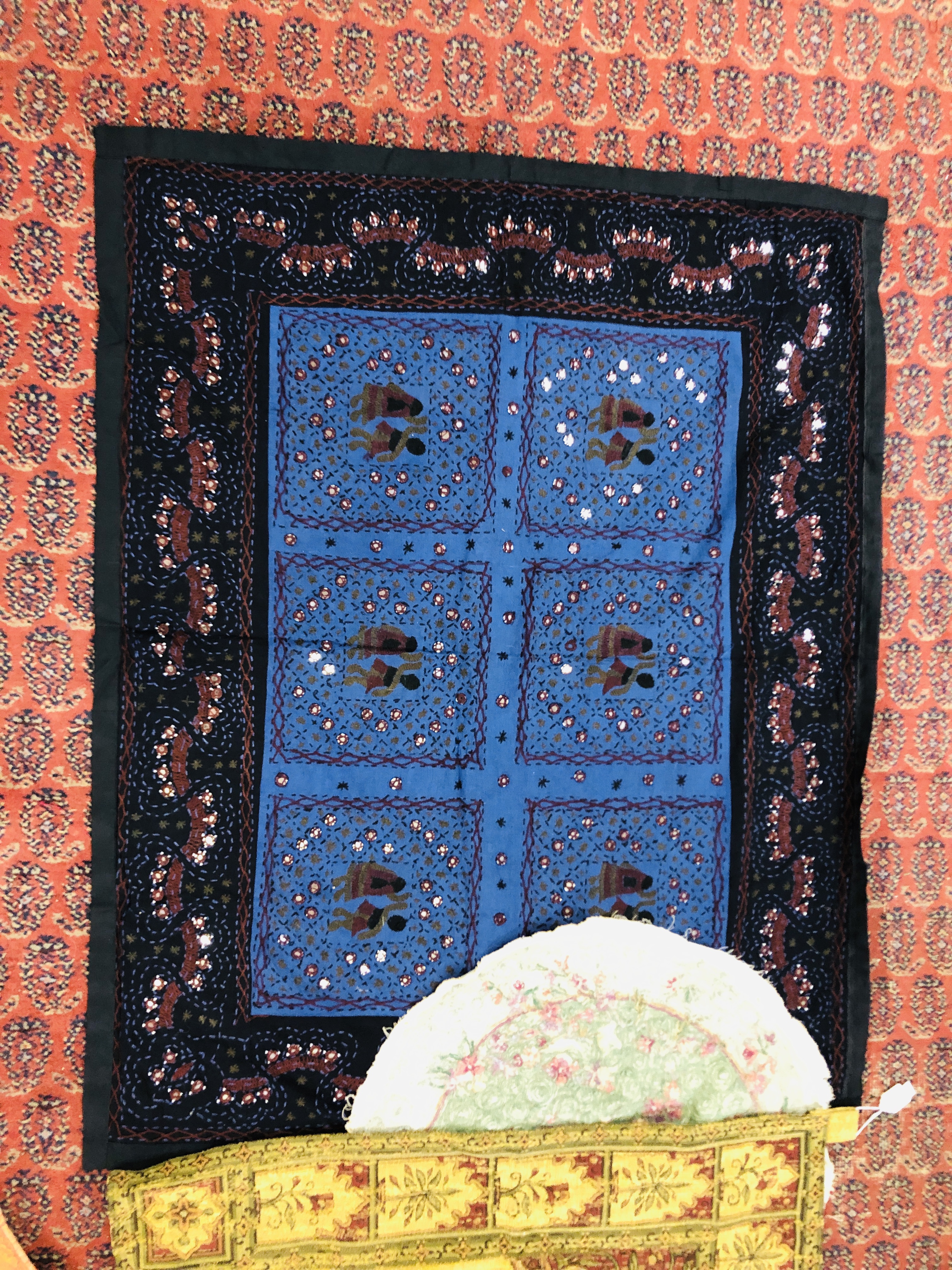 A BOX OF ASSORTED EASTERN AND PERSIAN STYLE HAND CRAFTED NEEDLEWORK AND EMBROIDERY PANELS AND WALL - Image 7 of 9