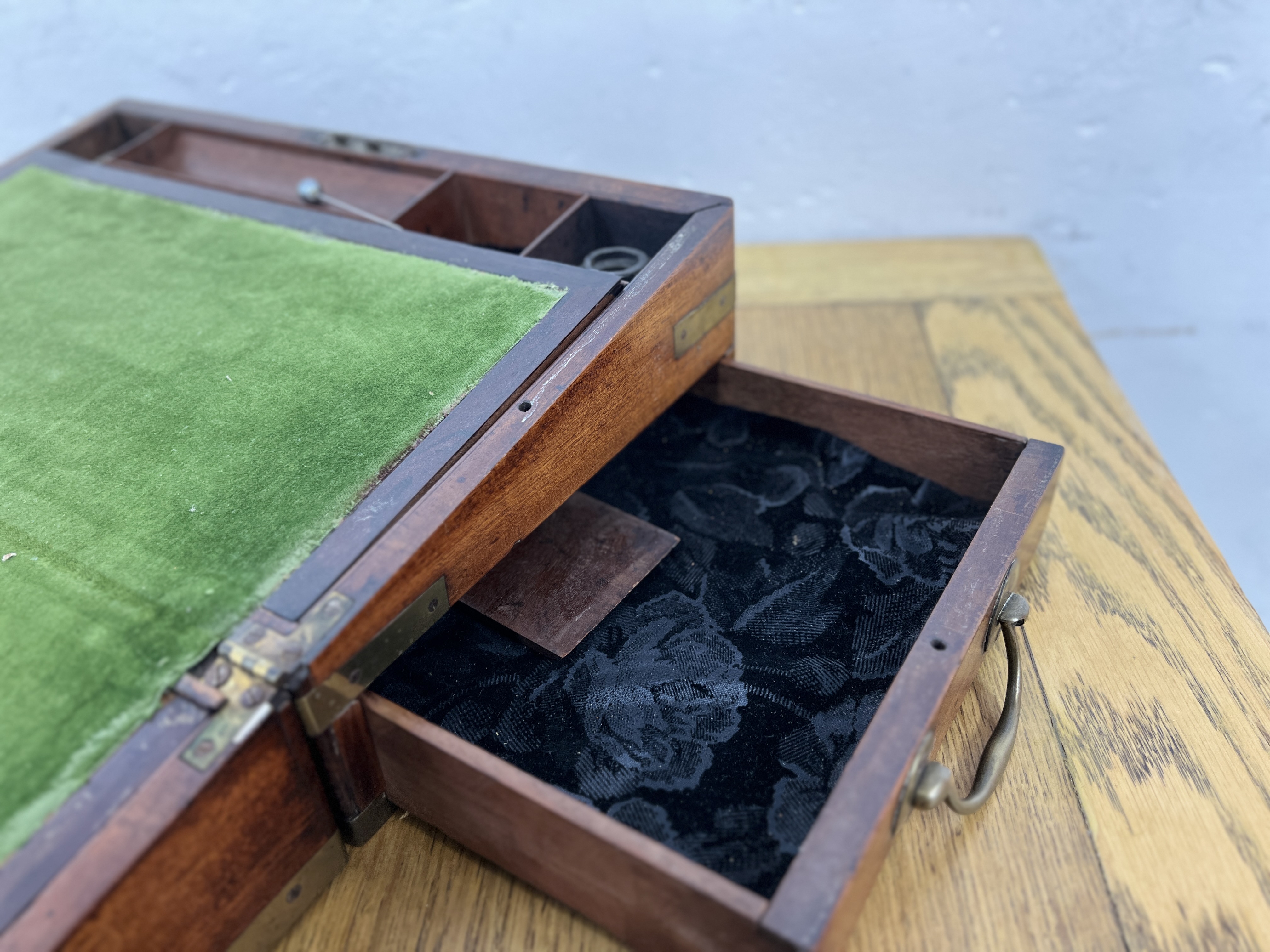 TWO ANTIQUE MAHOGANY BRASS BOUND WRITING SLOPES. - Image 18 of 18