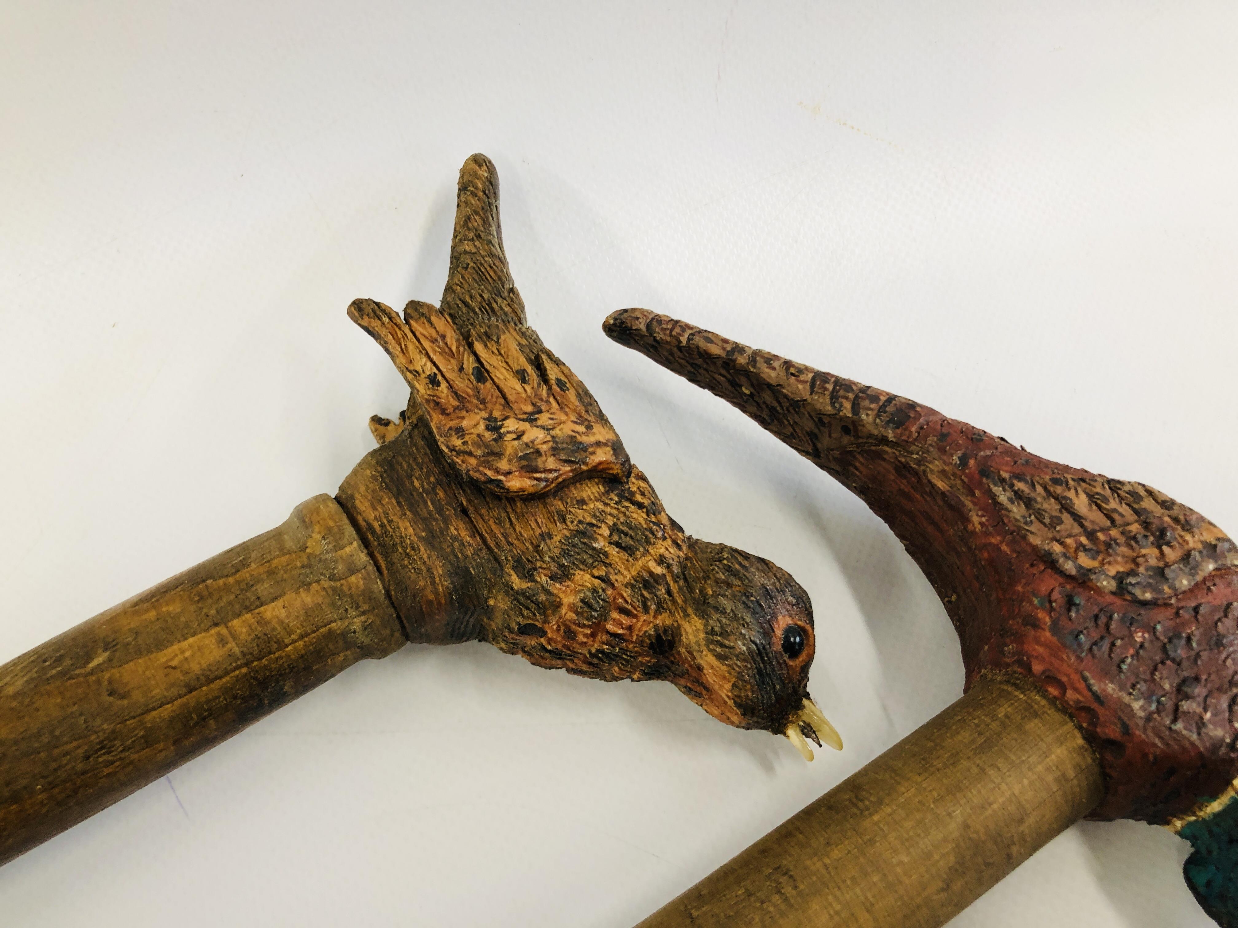 THREE HANDCARVED WALKING STICKS HAVING PHEASANTS AND SONGBIRD TO THE HANDLES. - Image 4 of 6