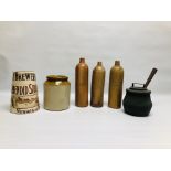 3 VINTAGE STONEWARE BOTTLES AND A JAR ALONG WITH A VINTAGE COOKING PAN.