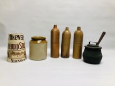 3 VINTAGE STONEWARE BOTTLES AND A JAR ALONG WITH A VINTAGE COOKING PAN.