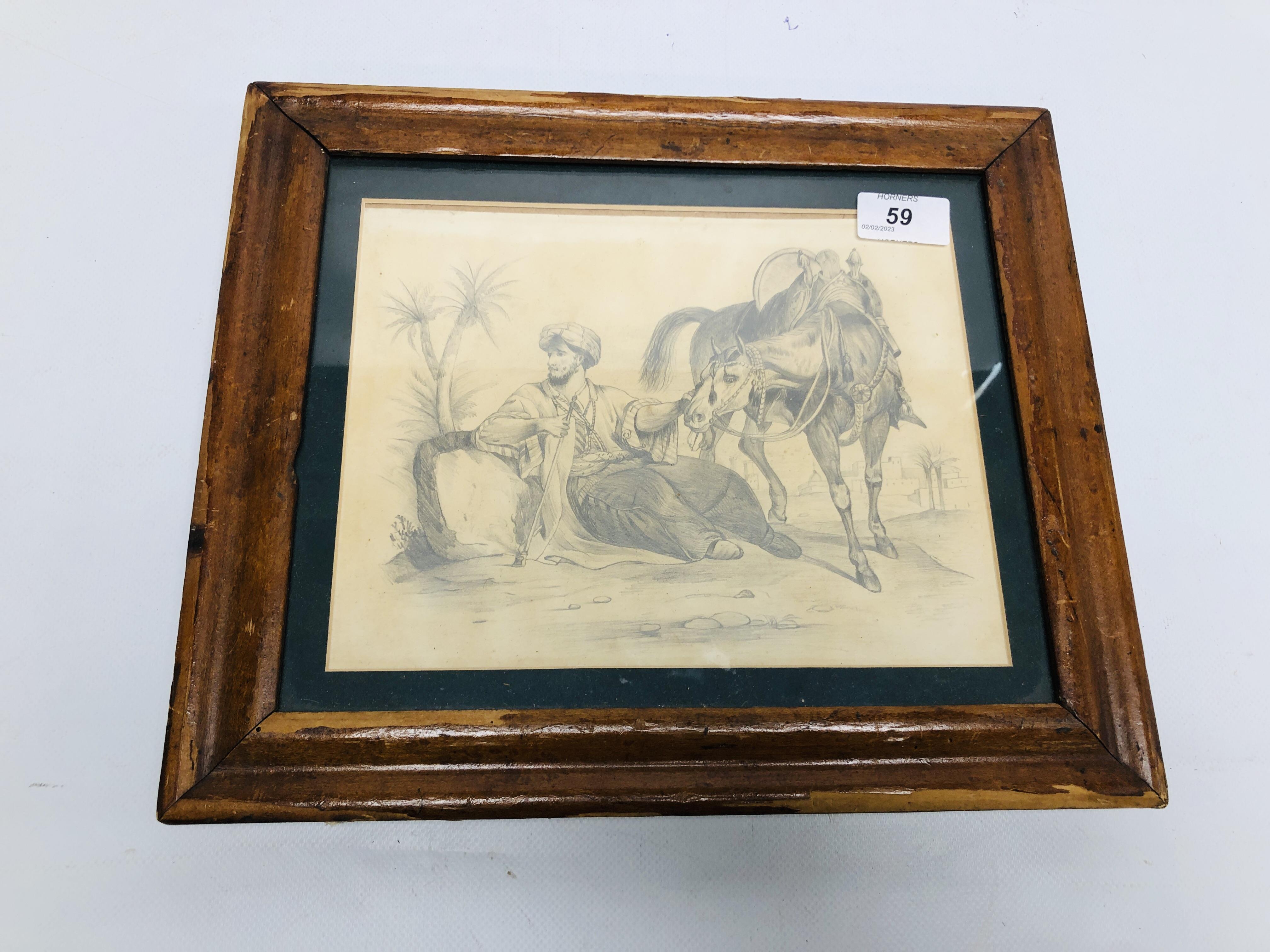 A C19TH. PENCIL DRAWING OF A SEATED AFGHAN MAN WITH HORSE, UNSIGNED 18.5 X 24CM.