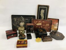 AN EXTENSIVE COLLECTION OF ASSORTED ORIENTAL LACQUERED BOXES AND TRAYS.