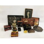 AN EXTENSIVE COLLECTION OF ASSORTED ORIENTAL LACQUERED BOXES AND TRAYS.