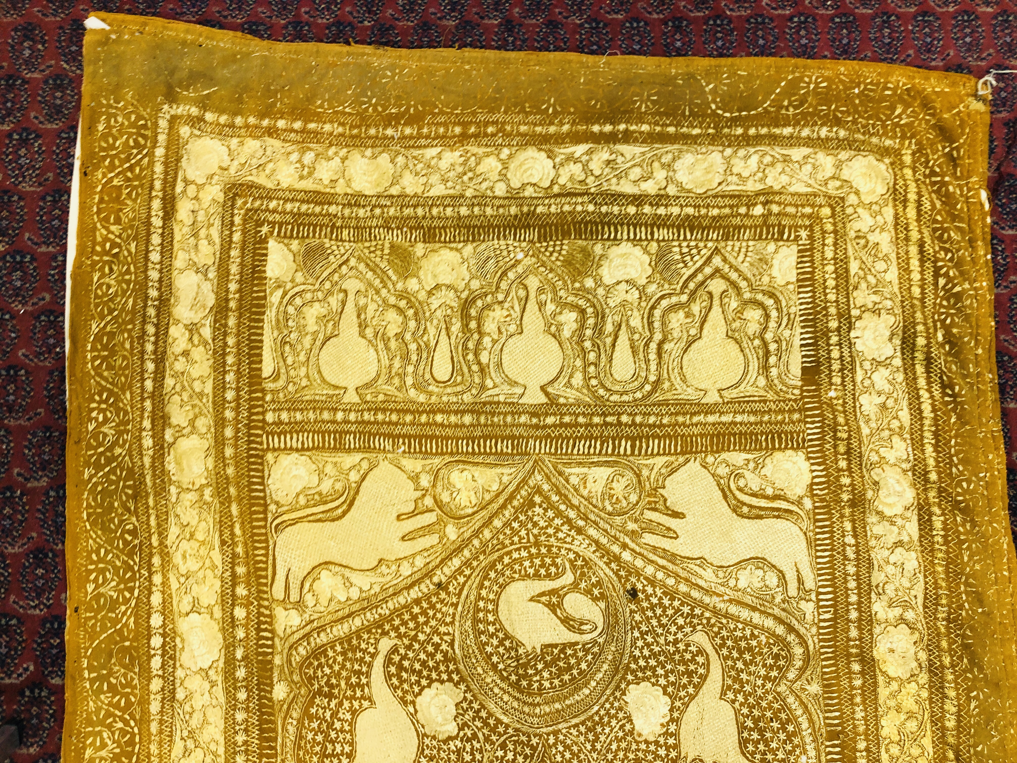 AN EMBROIDERED COTTON CLOTH WITH CENTRAL PALMATE SURROUNDED BY BIRDS AND LIONS, - Image 3 of 14