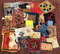 A BOX OF ASSORTED EASTERN AND PERSIAN STYLE HAND CRAFTED NEEDLEWORK AND EMBROIDERY PANELS AND