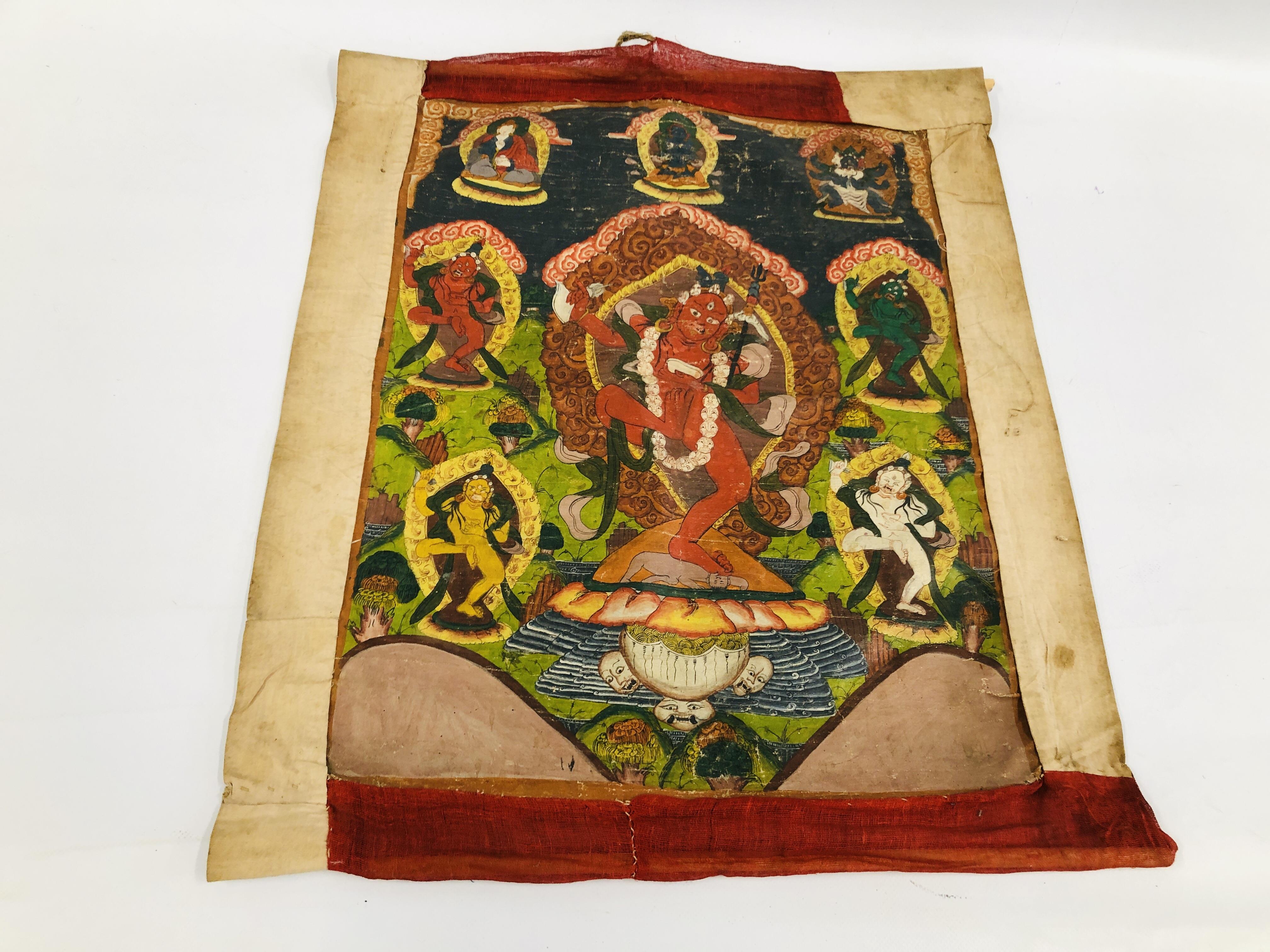 A TIBETAN THANGKA, DEPICTING CENTRAL DEITY SURROUNDED BY FURTHER FIGURES, PROBABLY YAMARAJA, - Image 8 of 17