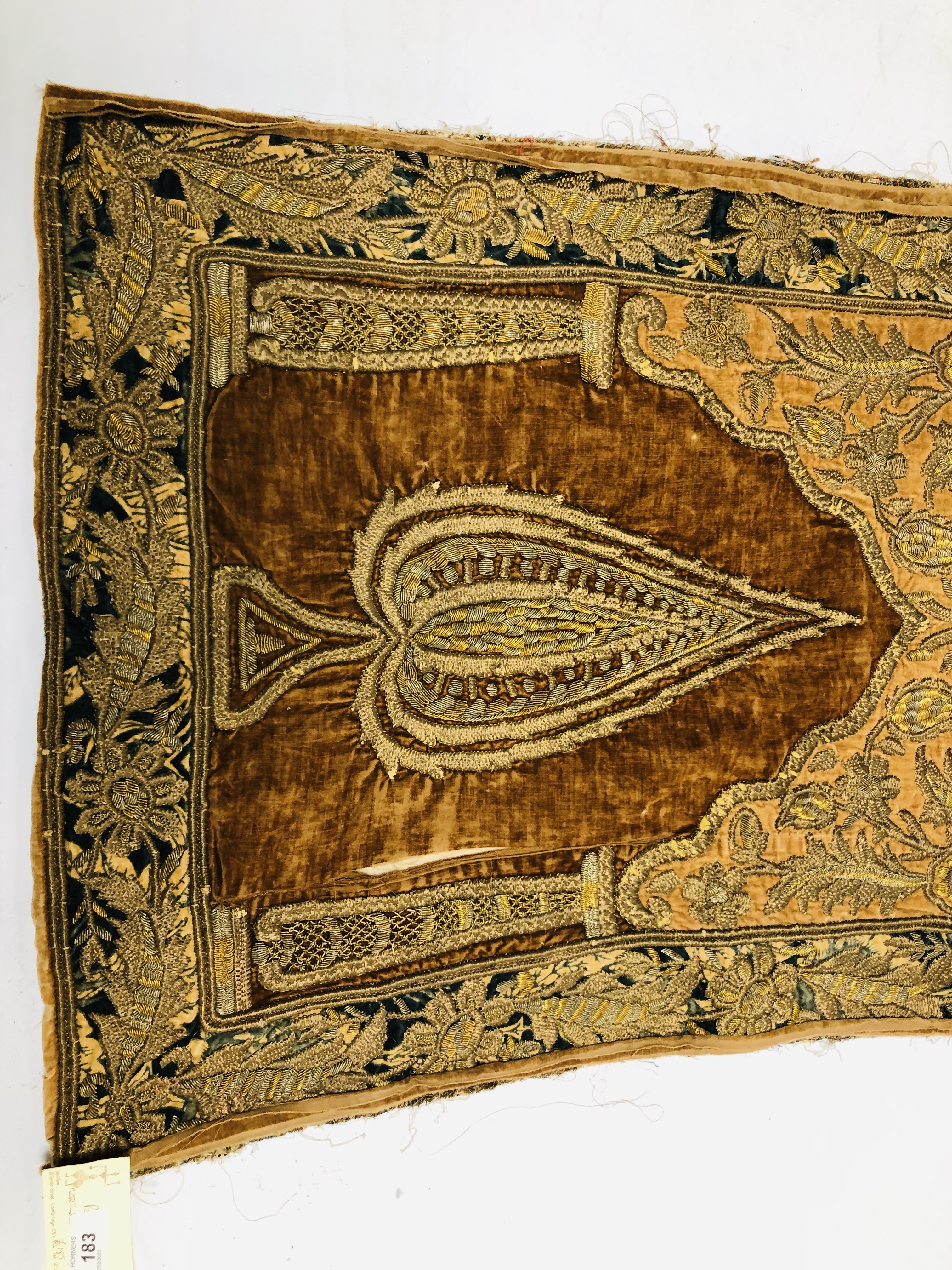 A PERSIAN RELIGIOUS METAL THREAD EMBROIDERY PANEL WITH CENTRAL PALMATE DESIGN, 83 X 58CM. - Image 2 of 8