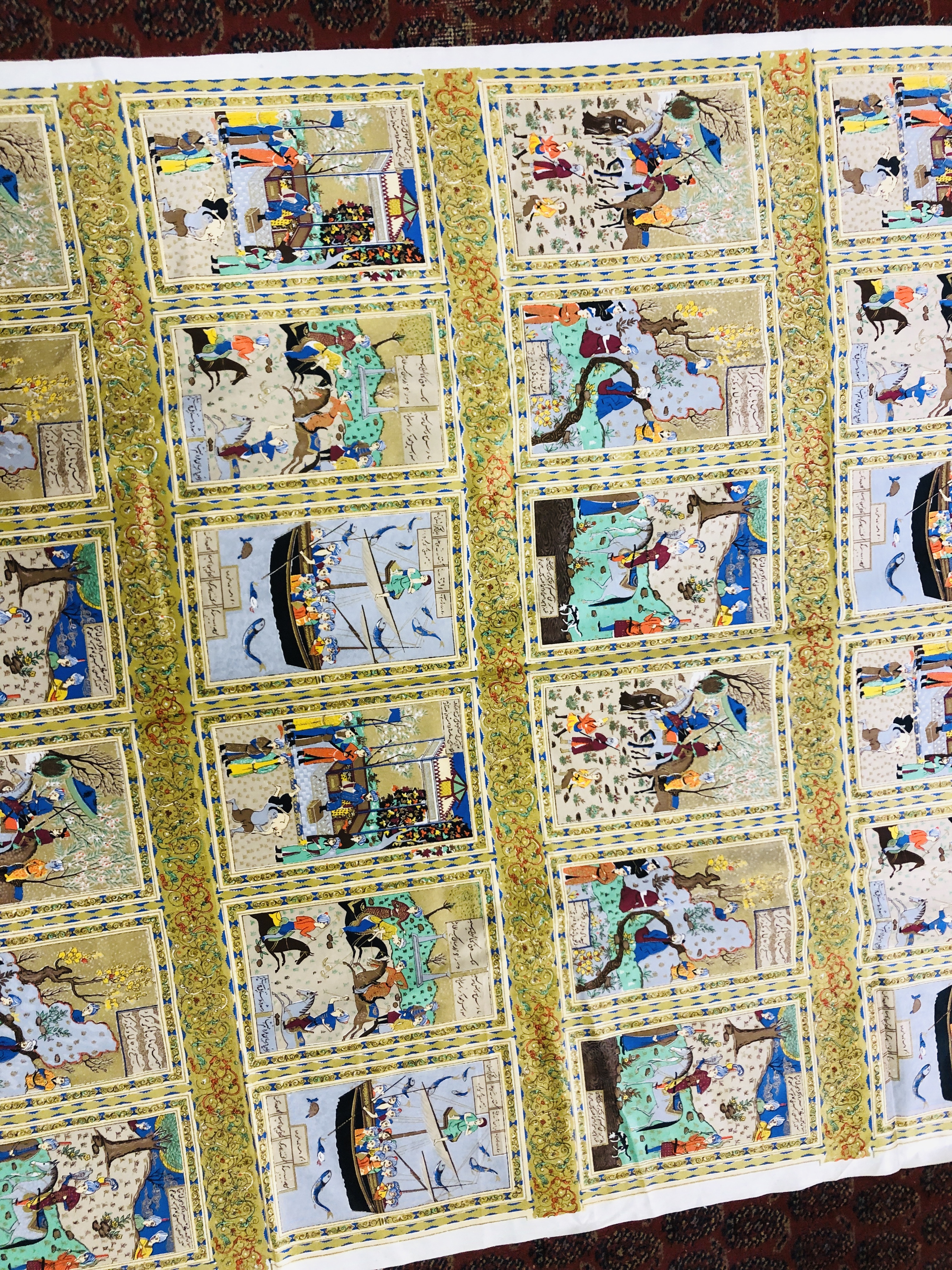 AN INDIAN PRINTED SILK TEXTILE IN THE MUGHAL STYLE WITH 48 SMALL PANELS DEPICTING VARIOUS EVERYDAY - Image 3 of 7