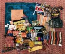 A BOX OF ASSORTED ETHNIC TEXTILES TO INCLUDE HAND CRAFTED NEEDLEWORK PURSES AND BAGS ALONG WITH A