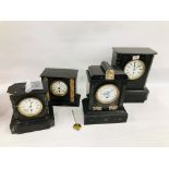 FOUR MARBLE INLAID MANTEL CLOCKS IN A/F CONDITION.