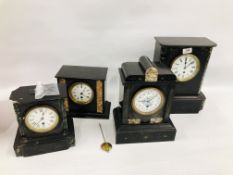 FOUR MARBLE INLAID MANTEL CLOCKS IN A/F CONDITION.