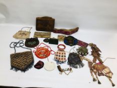 BOX OF COLLECTIBLES AND ACCESSORIES TO INCLUDE VINTAGE BEAD WORK BAGS, AN ETHNIC BEAD WORK PIPE,