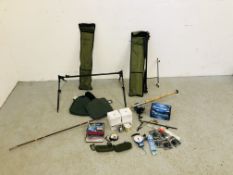 SMALL COLLECTION OF FISHING EQUIPMENT TO INCLUDE ROD WITH REEL, ROD RESTS, BAGS, HOOKS,